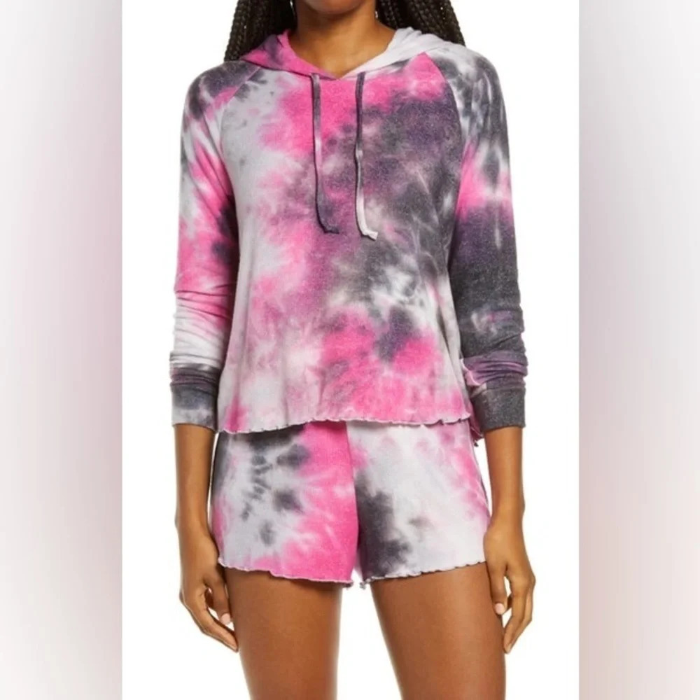 BP Tie Dye 2 Piece Pajama Lounge Set Hooded Top Shorts Pink Gray Size S